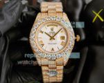 Rolex Iced Out Day Date Watch White Quadrant Motif Dial Diamond Bezel